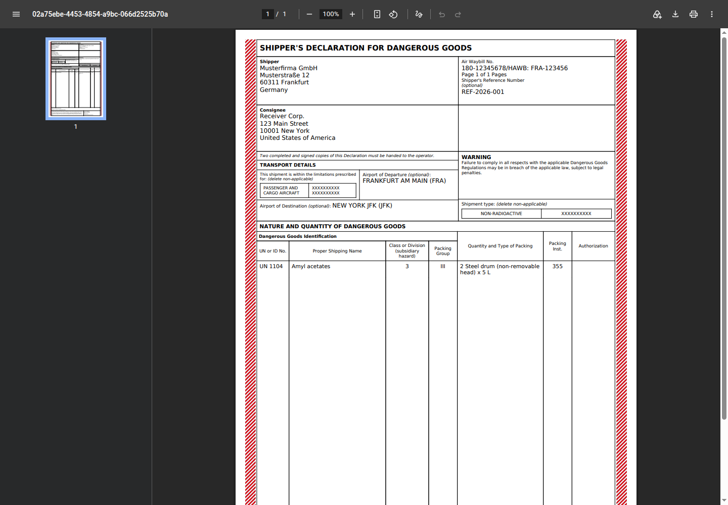 Fertiges DGD-PDF-Dokument im offiziellen IATA-Layout, geöffnet im PDF-Viewer des Browsers