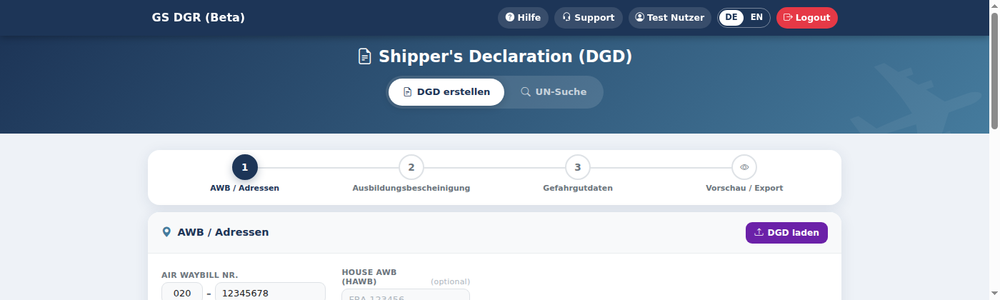 Button „DGD laden" in Schritt 1, zum Wiedereinspielen einer als JSON gespeicherten DGD